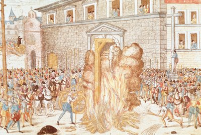 12 月 23 日、判事アンヌ・デュ・ブールが絞首刑を宣告された後、死体が焼かれました。 作： Franz Hogenberg