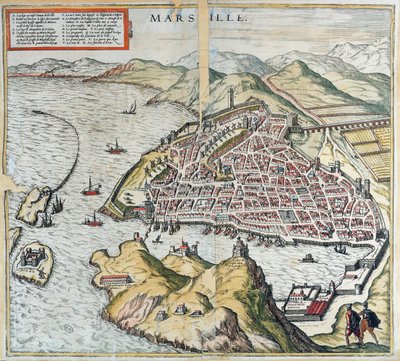 16世紀のマルセイユのビュー。左下にハンセン病病院があり、1599年のゲオルクブラウン作の「ルテアトルデュモンド」から 作： Franz Hogenberg