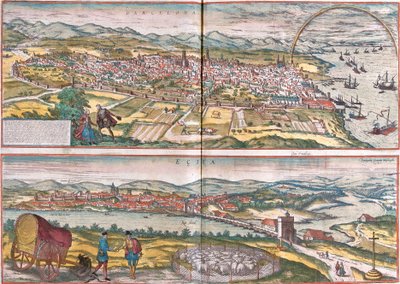 スペイン、バルセロナとエシヤ（Eciia）の風景（エッチング 作： Franz Hogenberg