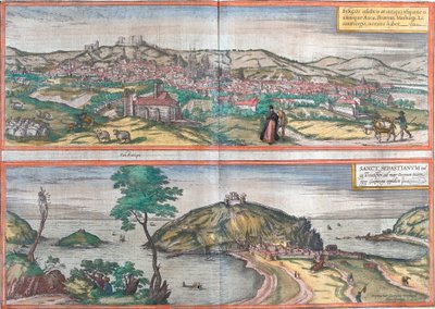 スペインのブルゴスとサン・セバスチャン（またはドノスティア）の風景（銅版画 作： Franz Hogenberg