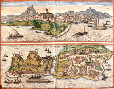 カンディア（Candia）、現在のクレタ島のイラクリオン（Heraklion）とギリシャの島、コルフ（Corfu）またはコルキュラ（Corphu）の風景（エッチング 作： Franz Hogenberg