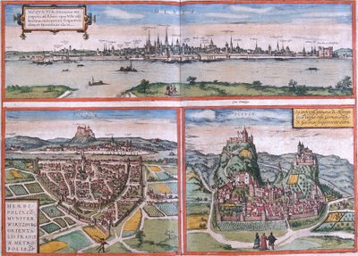 ドイツのマインツ（モグンティア）、ヴュルツブルク、スイスのシオン（セドゥンム）の風景（銅版画 作： Franz Hogenberg