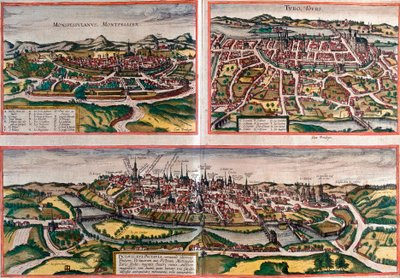 フランス、モンペリエ（モンスペスラヌス）、トゥール（トゥーロ）、ポワチエ（ピクタビ）の風景（銅版画 作： Franz Hogenberg