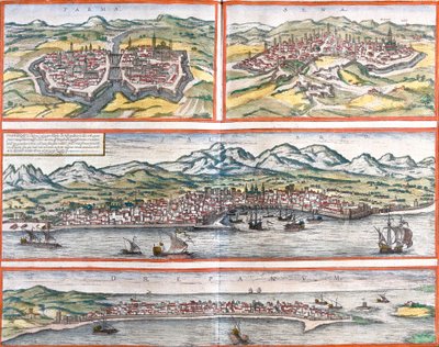 イタリア、パルマ(Parma)、シエナ(Sena)、パレルモ(Panhormus)、トラーパニ(Drepanum)(シチリア)の風景(銅版画) 作： Franz Hogenberg