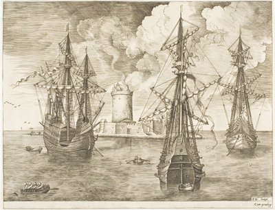 The Sailing Vessels より、灯台のある要塞島の近くに停泊する 4 マスターと 2 人の 3 マスター 作： Franz Huys