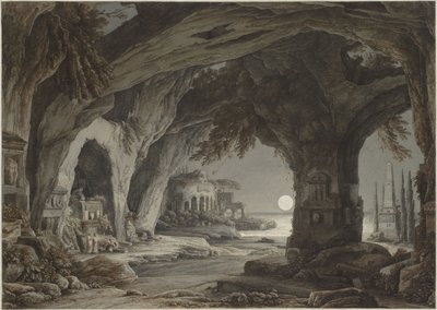 月明かりに岩の洞窟、墓、遺跡がある理想的な風景、c. 1790年。 作： Franz Innocenz Josef Kobell
