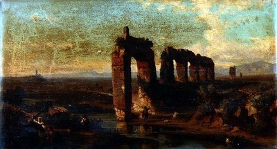 ローマ・カンパーニャ地方のクラウディアン水道橋の眺め 作： Franz Jnr Knebel