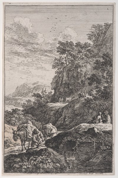 プレート 1: 小川のそばでラバのひづめをチェックする農民、「Tandscapes in t...」より 1700-25。 作： Franz Joachim Beich