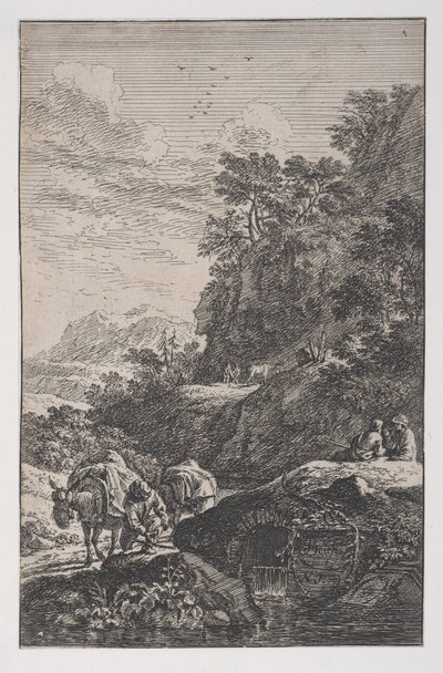 プレート 1: 小川のそばでラバのひづめをチェックする農民、「Tandscapes in t...」より 1700-25。 作： Franz Joachim Beich