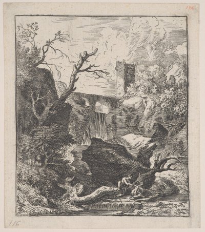 プレート 2: 前景の小川のほとりにある木の幹に座っている 2 人の人物...., ca. 1700-25。 作： Franz Joachim Beich