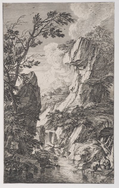 プレート 4: 右側の小川のほとりにいる 2 人の漁師、中央の滝。 1700-25。 作： Franz Joachim Beich