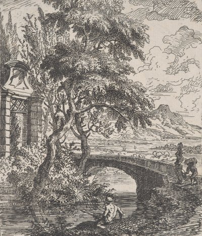 プレート 7: 右側の 2 人の人物が石橋を渡ろうとしている。 1700-25。 作： Franz Joachim Beich