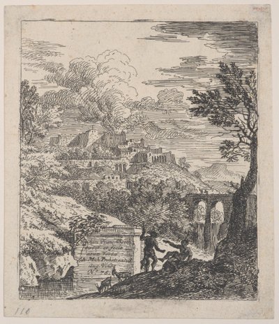 台座の横で休んでいる 2 人の羊飼い、背景の右側にある水道橋、a..., ca. 1700-25。 作： Franz Joachim Beich