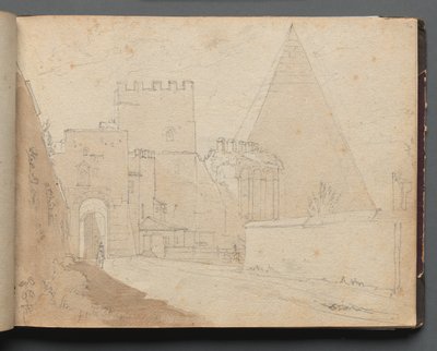 ローマとその周辺の景色を含むアルバム、風景研究、08aページ：Porta St. Paolo。 作： Franz Johann Heinrich Nadorp