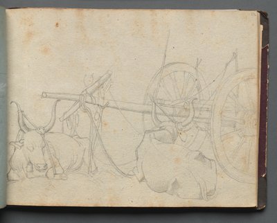 ローマとその周辺の景色を含むアルバム、風景研究、37aページ：牛と荷馬車。 作： Franz Johann Heinrich Nadorp