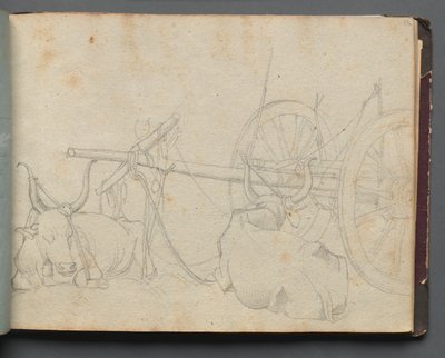 ローマとその周辺の景色を含むアルバム、風景研究、37aページ：牛と荷馬車 作： Franz Johann Heinrich Nadorp