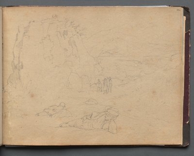 ローマとその周辺の景色を含むアルバム、風景研究、44aページ：風景の中の人物。 作： Franz Johann Heinrich Nadorp