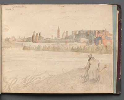 ローマとその周辺の景色を含むアルバム、風景研究、48aページ：ローマのパノラマビュー 作： Franz Johann Heinrich Nadorp
