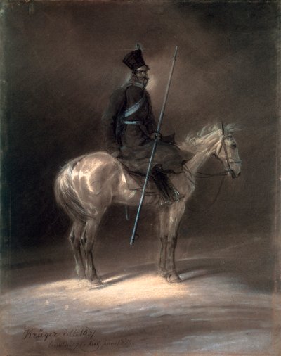 1837年、馬に乗ったコサック。 作： Franz Krüger