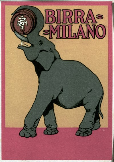 フランツ・ラスコフ（1869-1921）のイラストによるミラノ・ビールの広告ポスターで、象が樽から直接幹で飲む様子が描かれている。20世紀 作： Franz Laskoff