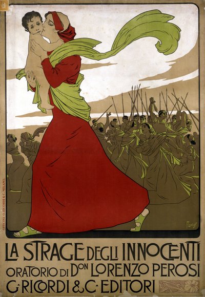 イタリアの作曲家ドン・ロレンツォ・ペロシ（1872〜1956）のオラトリオ「La strage degli innocenti」のポスター。ドローイング by F.ラッコフ 作： Franz Laskoff