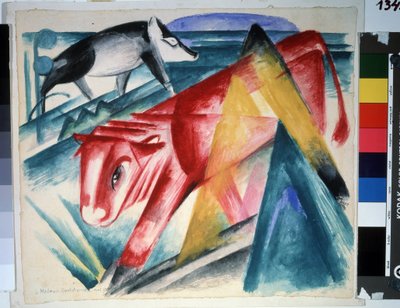 ""Animals"" (動物) ウシとイノシシ。 フランツ・マルク (1880-1916) による水彩画 (表現主義) 1913 年。 サイズ 39x45 cm プーシキン美術館、モスクワ 作： Franz Marc