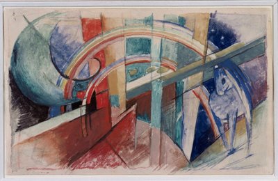 青い馬と虹を鉛筆と水彩で描くフランツ・マーク 作： Franz Marc