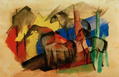家と田舎の3頭の馬 作： Franz Marc