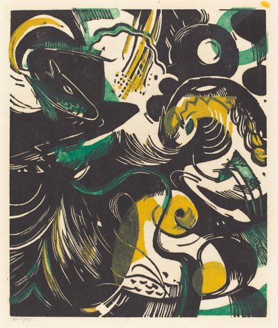 ジェネシスII（Schopfungsgeschichte II）、1914（黄色、黒、緑の木版画） 作： Franz Marc