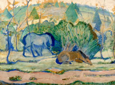 風景の中の牧草地の馬 作： Franz Marc
