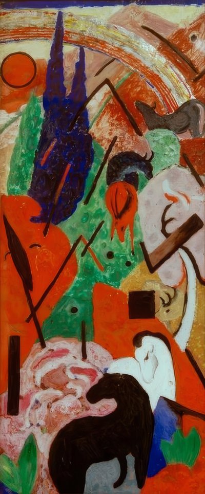動物と虹のある風景 作： Franz Marc