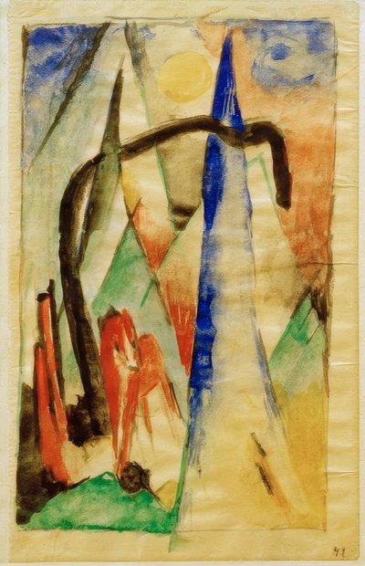 尖った形の風景の中の馬 作： Franz Marc