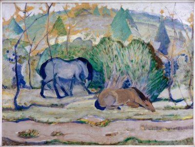 牧草地の馬（風景の中の馬） 作： Franz Marc