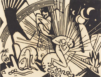 和解（Versoehnung）、1912（日本紙に黒の木版画） 作： Franz Marc