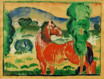 色の風景の中の赤い馬 作： Franz Marc