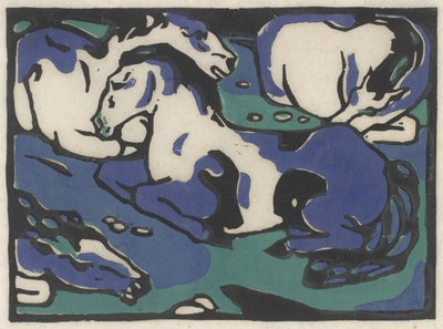 Ruhende Pferde（休息する馬）、1911-1912、1916年に印刷（日本紙に黒、青、緑の木版画） 作： Franz Marc