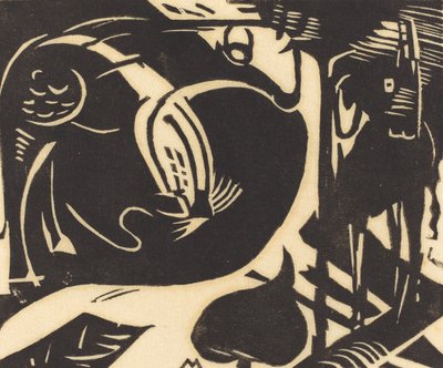2つの神話上の動物（Zwei Fabeltiere）、1914（日本紙に黒の木版画） 作： Franz Marc