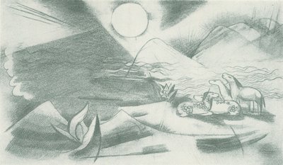 太陽、山、馬の群れのある自然のままの風景 作： フランツ・マーク
