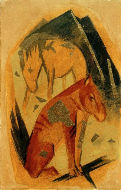 青い山の前で2頭の馬 作： Franz Marc