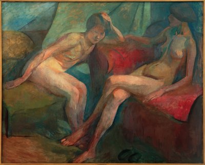 赤いソファに座る2人のヌード 作： Franz Nolken