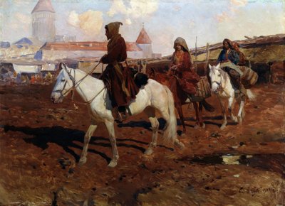 東で（東洋で）。 Franz Roubaud (1856-1928) による絵画。 木に油彩、67.5 x 49 cm 作： Franz Roubaud