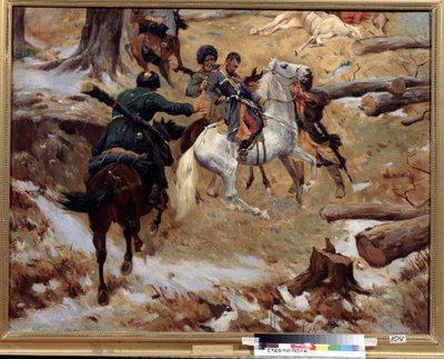チェチェンでのコーカサス戦争 (コーカサスの征服) 中の 1851 年 12 月 10 日の戦闘で、チェチェン人によって殺されたニコライ・スレプツォフ (Nikolai Sleptsov) 総司令官 (1815-1851) の死。 （チェチェンでの戦闘での少将ニコライ・スレプツォフの死 作： Franz Roubaud
