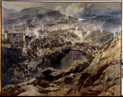 Akhoulgo の包囲 (The Siege of Akhoulgo): 1839 年、Shamil (Imam Shamil, Shamil) (1797-1871) と彼のコーカサス出身のイスラム教徒の支持者は、ロシア軍によって虐殺される前に、山の砦で包囲された - 絵画フランツ・ルボー (1856-19) 作： Franz Roubaud