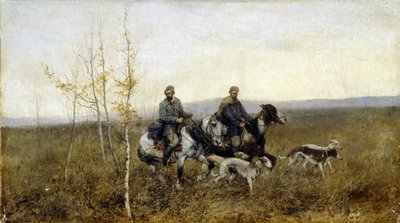 ハンターたち。 フランツ・ルボー (1856-1928) の絵画、キャンバスに油彩 作： Franz Roubaud