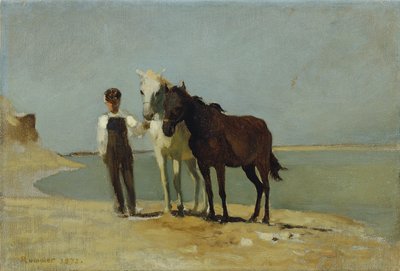 ビーチで馬を持つ少年 作： Franz Rumpler