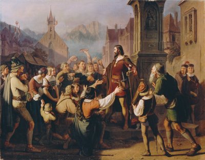 吟遊詩人に変装したフリードリヒ 4 世公爵は、忠実なチロル人に正体を明かします..., 1851 年. 作： Franz Schams