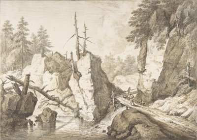 小川に架かる小さな橋のあるスイスの山の風景、1751～81年。 作： Franz Schutz