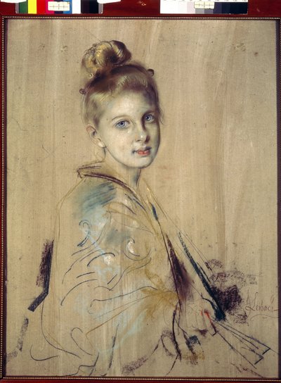 ファンを持つ少女 (Girl With A Fan)。 フランツ・フォン・レンバッハ (1836-1904) の作品、厚紙にパステル、1880 年頃。 19 世紀のドイツの芸術。 国立エルミタージュ、サンクトペテルブルク。 作： Franz Seraph von Lenbach