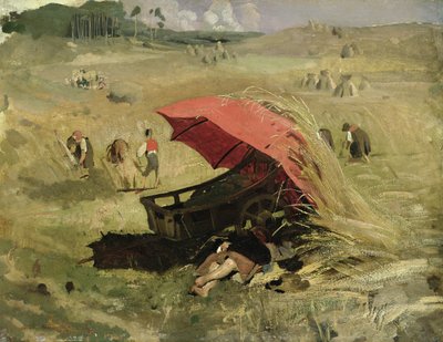 赤い日よけ、1860年頃（船上の紙に油彩） 作： Franz Seraph von Lenbach