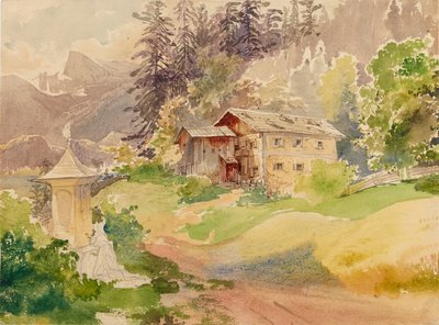神社の前に農家と女性がいるアルプスの風景 作： Franz Steinfeld